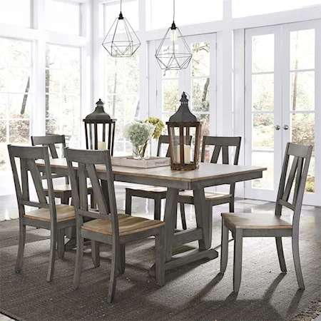 Transitional Two-Toned 7-Piece Trestle Table Set